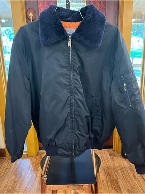 Sears Navy Bomber Jacket with Plush Dark Blue Fur Collar